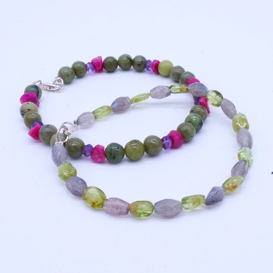 BRACCIALE AGATA FUCSIA, AMETISTA, GIADA E BRACCIALE IN LABRADORITE E OLIVINA